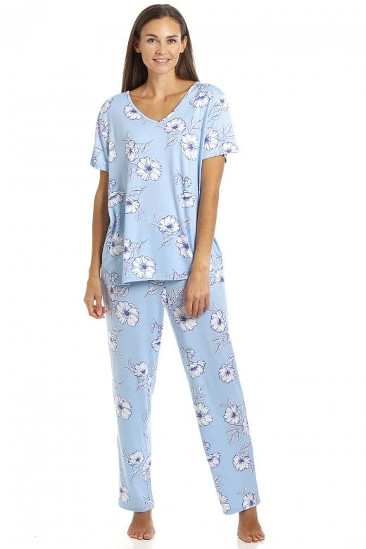 Camille Womens Full Length Floral Print Spandex Pyjama Set Blue Floral 3 Camille Womens Full Length Floral Print Spandex Pyjama Set Blue Floral