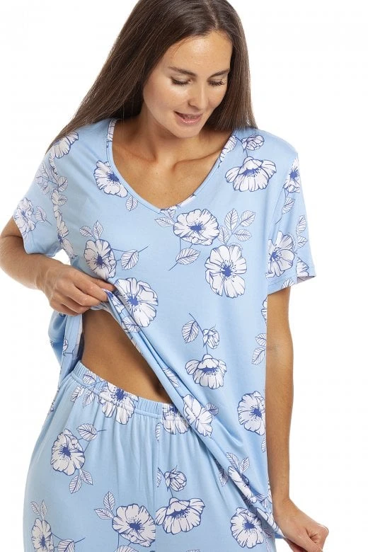 Camille Womens Full Length Floral Print Spandex Pyjama Set Blue Floral 7 Camille Womens Full Length Floral Print Spandex Pyjama Set Blue Floral - Image 5