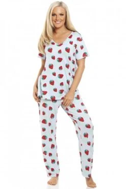 Camille Womens Full Length Floral Print Spandex Pyjama Set Blue