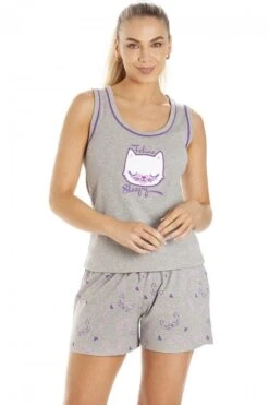 Camille Womens Grey Cat Print Short Pyjama Set