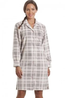Camille Womens Grey Checkered Fleece Button Front Nightshirt
