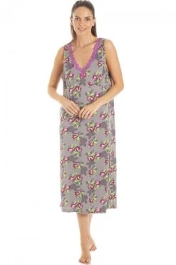 Camille Womens Grey Floral Print Spandex Knee Length Chemise