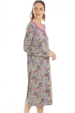 Camille Womens Grey Floral Print Spandex Knee Length Long Sleeve Nightdress -Camille Sales Store camille womens grey floral print spandex knee length long sleeve nightdress p3645 43551 medium