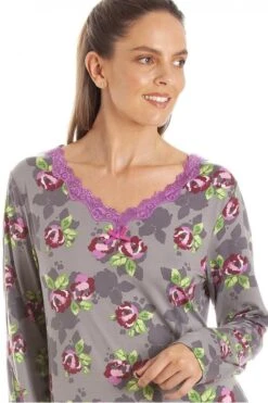 Camille Womens Grey Floral Print Spandex Knee Length Long Sleeve Nightdress -Camille Sales Store camille womens grey floral print spandex knee length long sleeve nightdress p3645 43560 medium