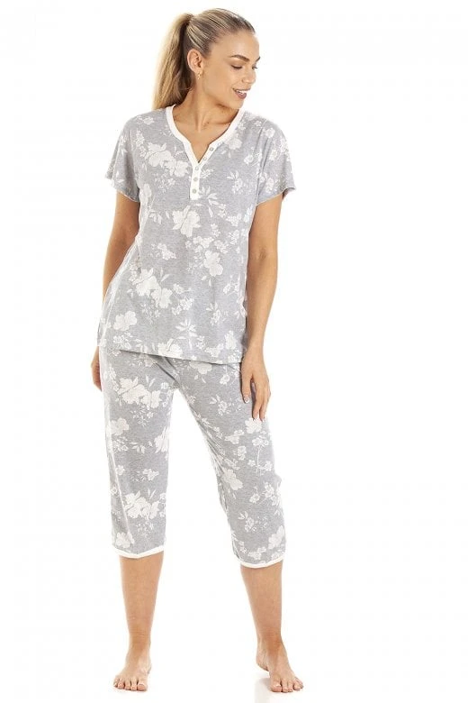 Camille Womens Grey Lightweight White Floral Capri Pyjama Set 3 Camille Womens Grey Lightweight White Floral Capri Pyjama Set