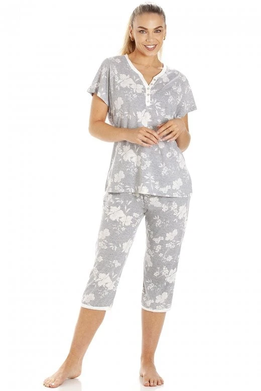 Camille Womens Grey Lightweight White Floral Capri Pyjama Set 4 Camille Womens Grey Lightweight White Floral Capri Pyjama Set - Image 2