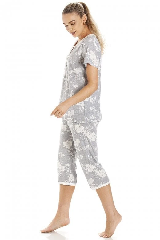 Camille Womens Grey Lightweight White Floral Capri Pyjama Set 5 Camille Womens Grey Lightweight White Floral Capri Pyjama Set - Image 3