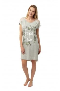 Camille Womens Grey Nightdress With Floral Print & Quote