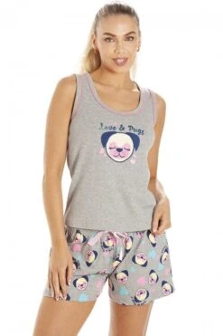 Camille Womens Grey Pug Print Short Pyjama Set