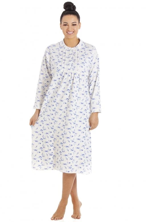 Camille Womens Heavyweight Long Sleeve 100% Cotton Jersey Nightdress Blue Floral 3 Camille Womens Heavyweight Long Sleeve 100% Cotton Jersey Nightdress Blue Floral