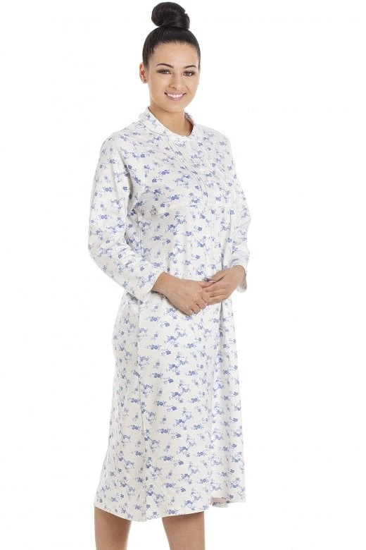Camille Womens Heavyweight Long Sleeve 100% Cotton Jersey Nightdress Blue Floral 5 Camille Womens Heavyweight Long Sleeve 100% Cotton Jersey Nightdress Blue Floral - Image 3