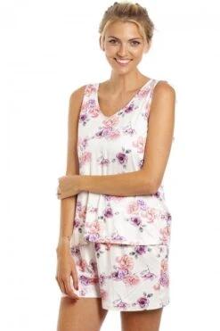 Camille Womens Lightweight Floral Print Short Pyjama Set Cream Floral
