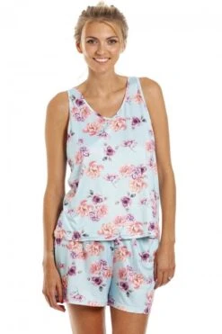 Camille Womens Lightweight Floral Print Short Pyjama Set Light Blue Floral