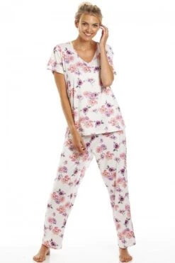 Camille Womens Lightweight Floral Print Short Sleeve Pyjama Set Cream Floral