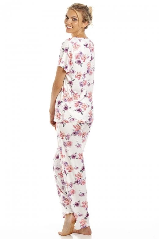 Camille Womens Lightweight Floral Print Short Sleeve Pyjama Set Cream Floral 6 Camille Womens Lightweight Floral Print Short Sleeve Pyjama Set Cream Floral - Image 4