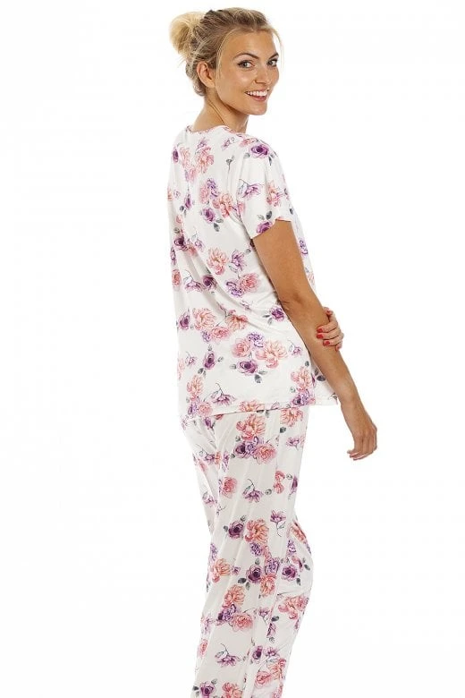 Camille Womens Lightweight Floral Print Short Sleeve Pyjama Set Cream Floral 5 Camille Womens Lightweight Floral Print Short Sleeve Pyjama Set Cream Floral - Image 3