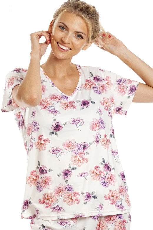 Camille Womens Lightweight Floral Print Short Sleeve Pyjama Set Cream Floral 4 Camille Womens Lightweight Floral Print Short Sleeve Pyjama Set Cream Floral - Image 2