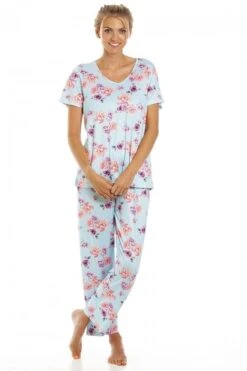 Camille Womens Lightweight Floral Print Short Sleeve Pyjama Set Light Blue Floral