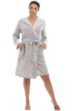 Camille Womens Lightweight Hooded Dressing Gown Grey