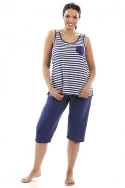 Camille Womens Lightweight Striped Capri Bottom Pyjama Set Navy