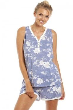 Camille Womens Lightweight White Floral Blue Short Pyjama Set