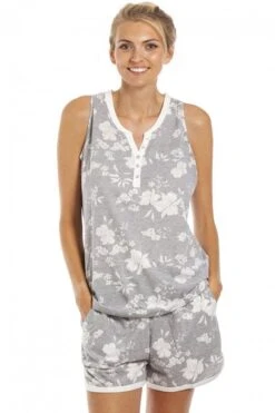 Camille Womens Lightweight White Floral Grey Short Pyjama Set