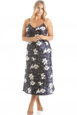 Camille Womens Lilly Floral Navy Satin Chemise