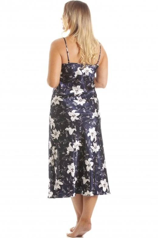 Camille Womens Lilly Floral Navy Satin Chemise 4 Camille Womens Lilly Floral Navy Satin Chemise - Image 2