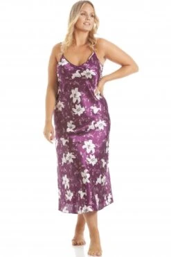 Camille Womens Lilly Floral Plum Satin Chemise