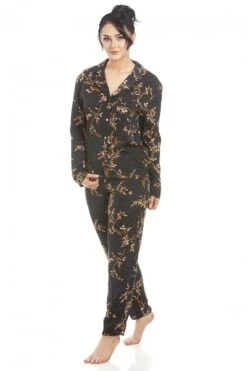 Camille Womens Long Sleeve Floral Satin Pyjama Set Gold