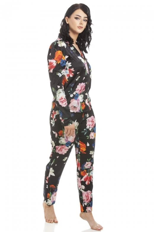 Camille Womens Long Sleeve Floral Satin Pyjama Set Pink 4 Camille Womens Long Sleeve Floral Satin Pyjama Set Pink - Image 2