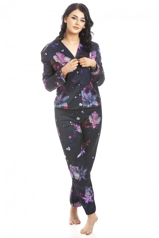 Camille Womens Long Sleeve Floral Satin Pyjama Set Purple 3 Camille Womens Long Sleeve Floral Satin Pyjama Set Purple
