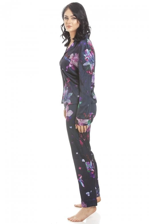 Camille Womens Long Sleeve Floral Satin Pyjama Set Purple 4 Camille Womens Long Sleeve Floral Satin Pyjama Set Purple - Image 2