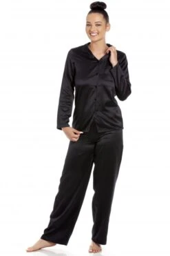 Camille Camille Womens Long Sleeve Plain Satin Pyjama Set Black