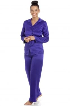 Camille Camille Womens Long Sleeve Plain Satin Pyjama Set Purple