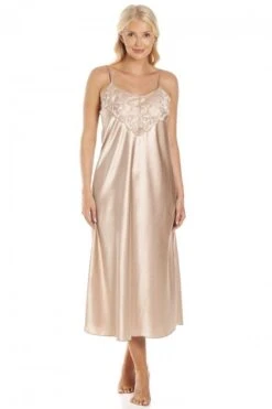 Camille Womens Luxury Mocha Thin Strap Lace Satin Chemise