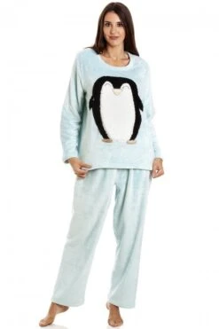 Camille Womens Mint Supersoft Fleece Penguin Character Pyjama Set