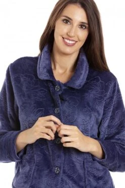 Camille Womens Navy Button Up Rose Embossed Bed Jacket