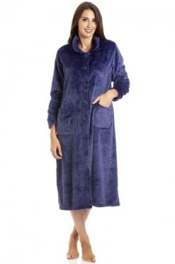 Camille Womens Navy Rose Embossed Button Up Housecoat