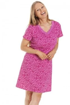 Camille Womens Pink Animal Print Cotton Nightdress