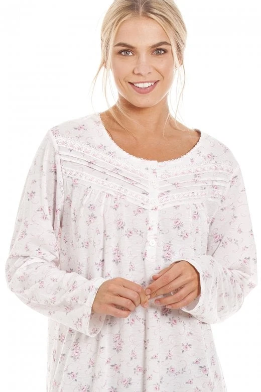 Camille Womens Pink Rose Print Long Sleeve Nightdress 4 Camille Womens Pink Rose Print Long Sleeve Nightdress - Image 2