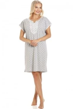 Camille Womens Polka Dot Short Sleeved Grey Nightdress