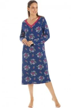 Camille Womens Raspberry Floral Print Spandex Knee Length Long Sleeve Nightdress