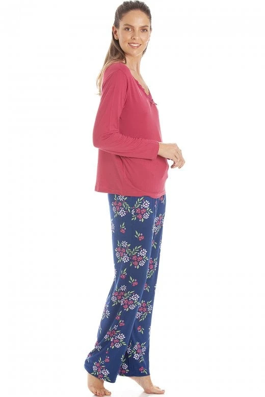 Camille Womens Raspberry Floral Print Spandex Pyjamas 4 Camille Womens Raspberry Floral Print Spandex Pyjamas - Image 2