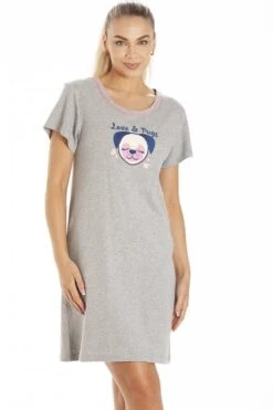 Camille Womens Short Sleeve Light Grey Pug Nightdress