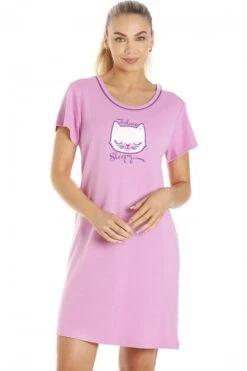 Camille Womens Short Sleeve Lilac Cat Nightdress