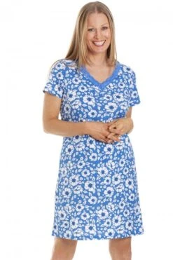 Camille Womens Sky Blue Floral Cotton Nightdress