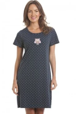 Camille Womens Soft Cotton Owl Print Summer Nightdress Navy