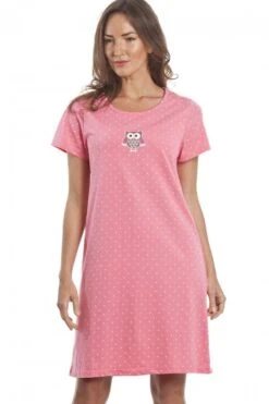 Camille Womens Soft Cotton Owl Print Summer Nightdress Pink