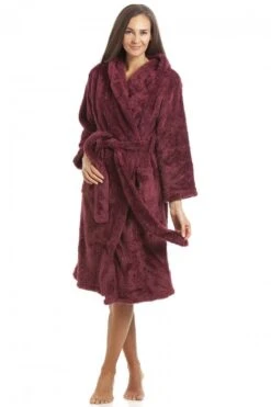 Camille Womens Soft Fleece Burgundy Hooded Bathrobe